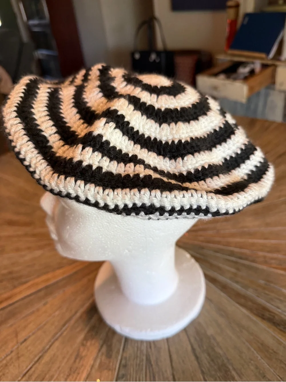 Handmade Crochet Beret Black Cream Striped Slouchy Boho Retro Hat French style